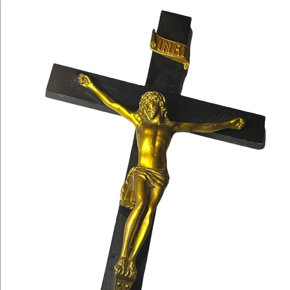 Antique Black Oak wood Victorian Heavy Brass Crucifix Religious Jesus Wall hang - Picture 7 of 16